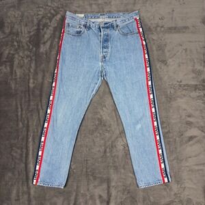 Levis Jeans Mens 32x28 Blue 501 Premium Logo Side Stripe Straight Leg Button Fly
